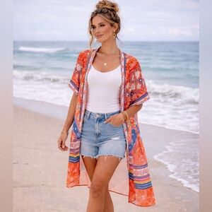 Umgee Orange Blue Boho Kimono Duster Small Oversized Medallion Print